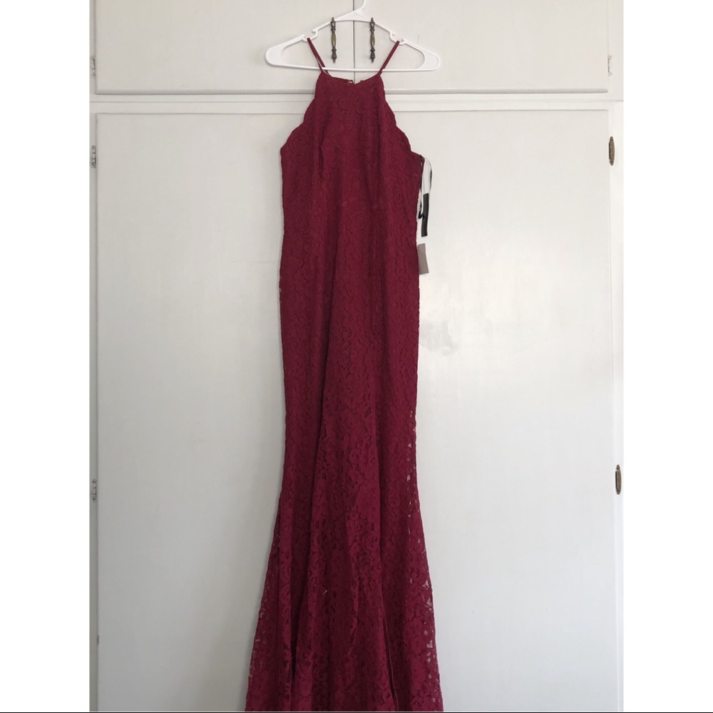 Floor-length Burgundy lace Halter mermaid dress.